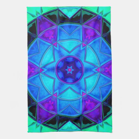 モザイク万華鏡のように千変万化するパターンフラワーブルーパープルとティール（緑がかった色） キッチンタオル (縦)