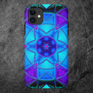 モザイク万華鏡のように千変万化するパターンフラワーブルーパープルとティール(緑がかった色) iPhone 11 ケース