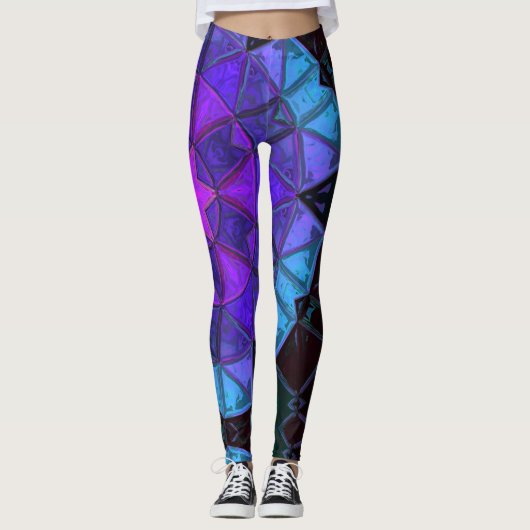 モザイク万華鏡のように千変万化するパターンフラワーブルーパープルとブラック レギンス (正面)
