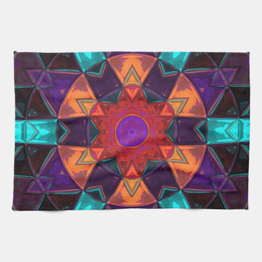 モザイク万華鏡のように千変万化するパターンフラワーレッドオレンジとブルー キッチンタオル (横)