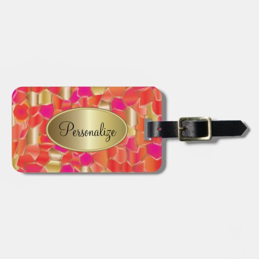 モザイク人気があるなオレンジ、ピンクおよび金ゴールドのデザイン ラゲッジタグ (正面横)