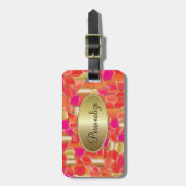モザイク人気があるなオレンジ、ピンクおよび金ゴールドのデザイン ラゲッジタグ (正面縦)