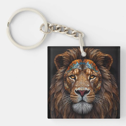 モザイク威厳のあるライオン頭 キーホルダー (正面)