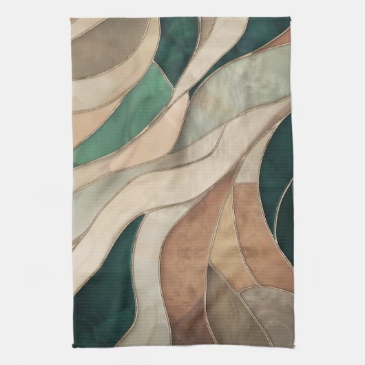 モザイク抽象芸術アート – トープとエメラルド キッチンタオル (縦)