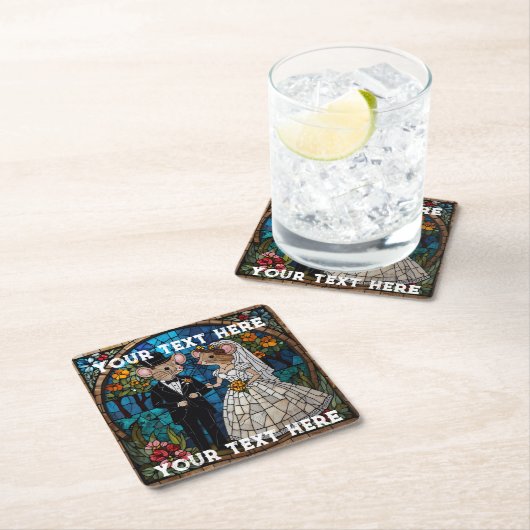 モザイク結婚マウスのカップルのステンドグラス効果。 スクエアペーパーコースター (インサイチュ)