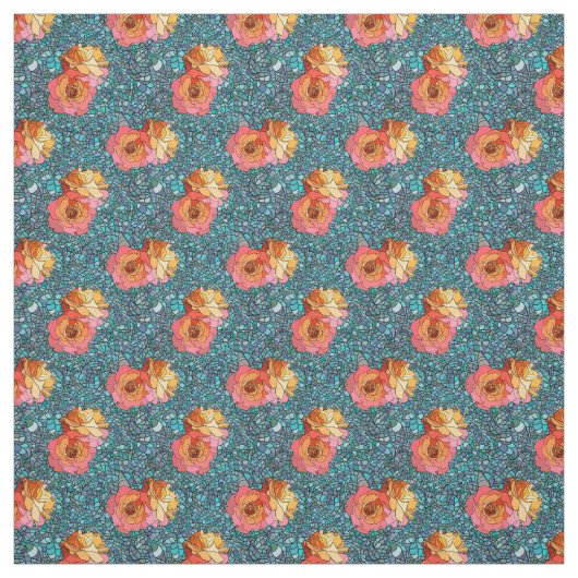 モザイク背景に咲くバラの花のパターン ファブリック (見本)