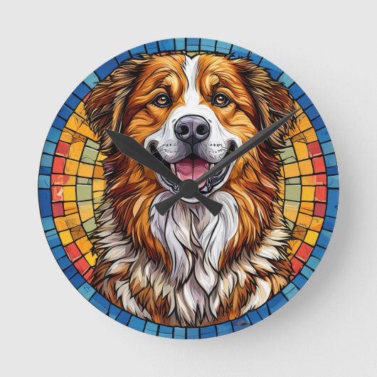 モザイク背景の笑顔の犬 ラウンド壁時計 (正面)