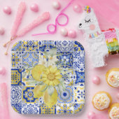 モザイク開花（青と黄） ペーパープレート (パーティー)