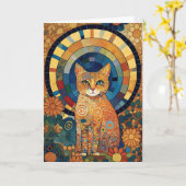 モザイク風ロマネスクデザインのオパール猫 カード (黄色い花)