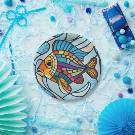 モザイク魚，明るい色，水族館 ペーパープレート (パーティー)