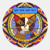 モザイク鮮やかタイルの猫 – カラフル – 追加文字 ラウンドシール (正面)