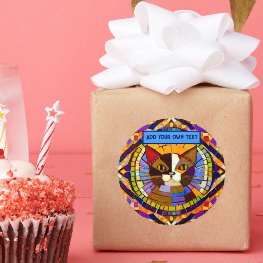 モザイク鮮やかタイルの猫 – カラフル – 追加文字 ラウンドシール (パーティー)