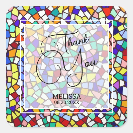 モザイク&カラフルおもしろいありがとう スクエアシール (正面)