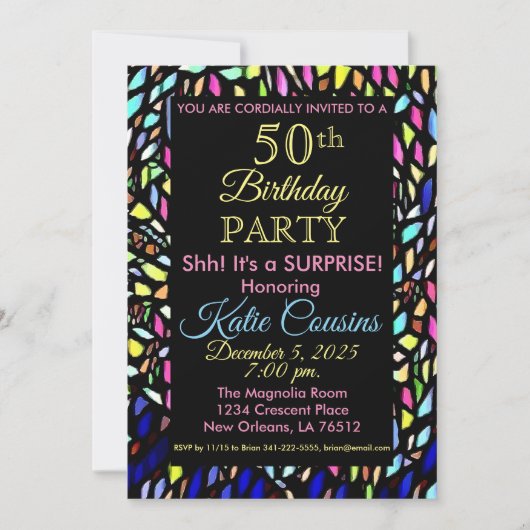 モザイク&カラフルおもしろい50番目の誕生日招待状 招待状 (正面)