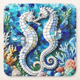 モザイク タツノオトシゴ ロマンチック ビーチ スクエアペーパーコースター