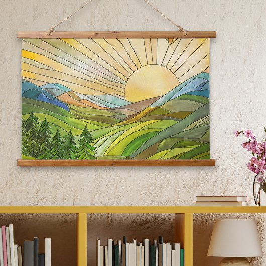 モザイク デジタルアート 山の日の出 吊り下げ型タペストリー