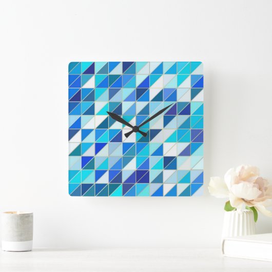 モザイク-青と白のシェード スクエア壁時計 (ホーム)