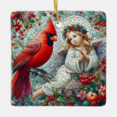 モシアックサントルクリスマスエンジェルと(鳥)ショウジョウコウカンチョウ セラミックオーナメント (正面)