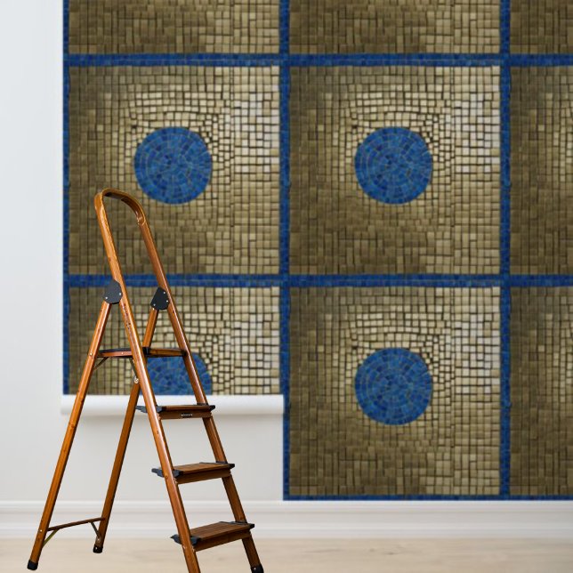 モシアック正方形パターンブルー金ゴールドピールスティック 壁紙 (Mosiac Square Pattern Blue Gold Peel Stick Wallpaper)