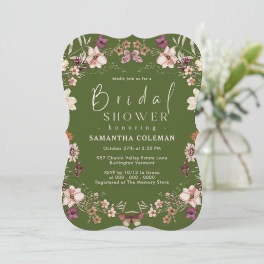 モスエレガントグリーンワイルドフラワーモダンブライダルシャワー 招待状 (スタンド正面)