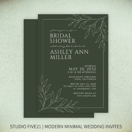 モスグモダンリーンリーフのアウトラインブライダルシャワー 招待状