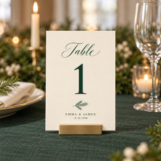 モスグリーンとアイボリーのカリグラフィークリスマス 結婚式 テーブルナンバー