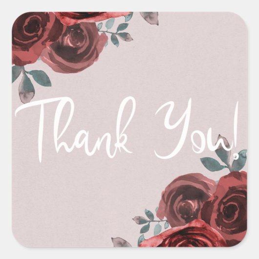 モスグリーンとバーガンディの水彩ローズとグリーンが織りなすウェディング スクエアシール (正面)