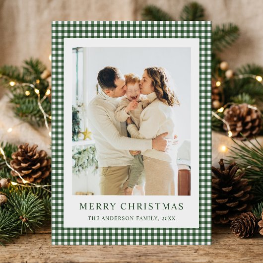 モスグリーンのギンガムチェックのクリスマス 写真 シーズンカード