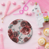 モスグリーンのバーガンディー水彩ローズとグリーンが織りなすウェディング ペーパープレート (パーティー)