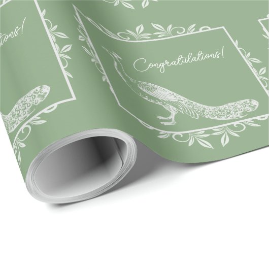 モスグリーンのピーコックに花飾りを添えたウェディング ラッピングペーパー (ロールコーナー)