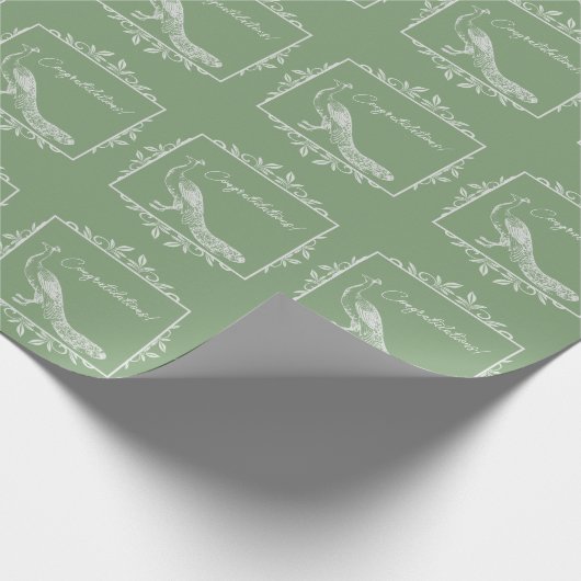 モスグリーンのピーコックに花飾りを添えたウェディング ラッピングペーパー (角)