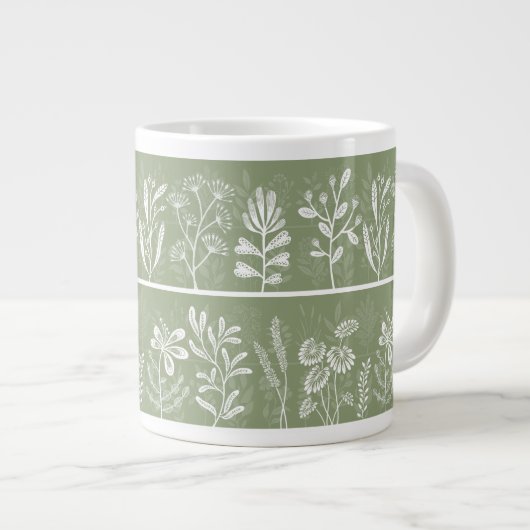 モスグリーンの幻想的な植物のシルエット ジャンボコーヒーマグカップ (正面右)