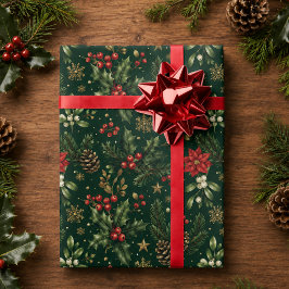 モスグリーンの植物画ホリクリスマスホリデー ラッピングペーパー