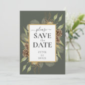 モスグリーンの素朴な松ぼっくりフレーム SAVE THE DATE 招待状 (スタンド正面)