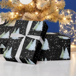 モスグリーンの黒いクリスマスツリーと雪の結晶 ラッピングペーパー