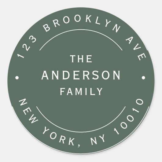 モスグリーンファミリーネームラウンド差出人住所ラベル ラウンドシール (正面)