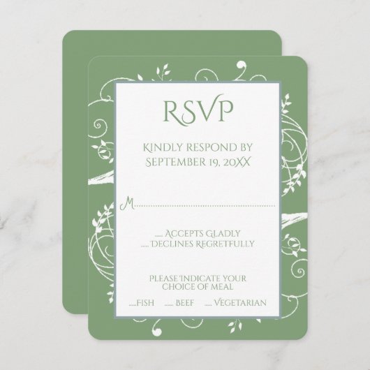 モスグリーンフローリッシュウェディングRSVPカード 出欠カード (正面/裏面)