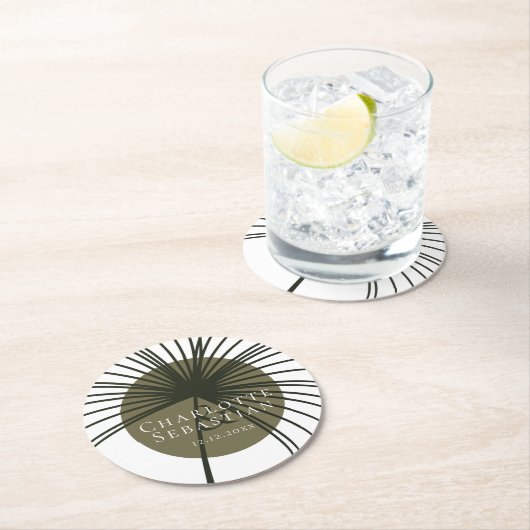 モスグリーンボタニカルファンエレガントな結婚式 ラウンドペーパーコースター (インサイチュ)