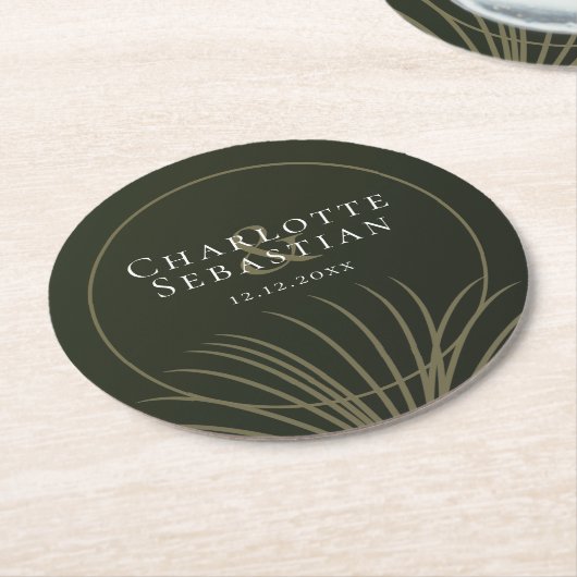モスグリーンボタニカルファンエレガントな結婚式 ラウンドペーパーコースター (アングル)