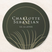モスグリーンボタニカルファンエレガントな結婚式 ラウンドペーパーコースター (正面)