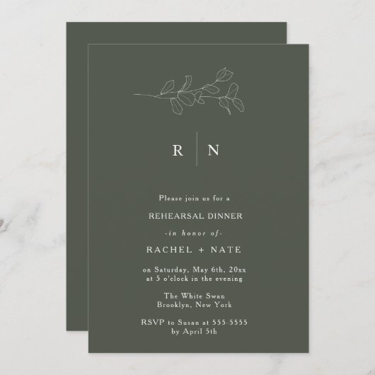 モスグリーンボタニカルリハーサルディナー招待状 招待状 (正面/裏面)