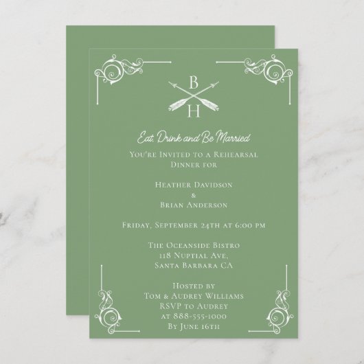 モスグリーンモノグラムとアローズのリハーサルディナー 招待状 (正面/裏面)