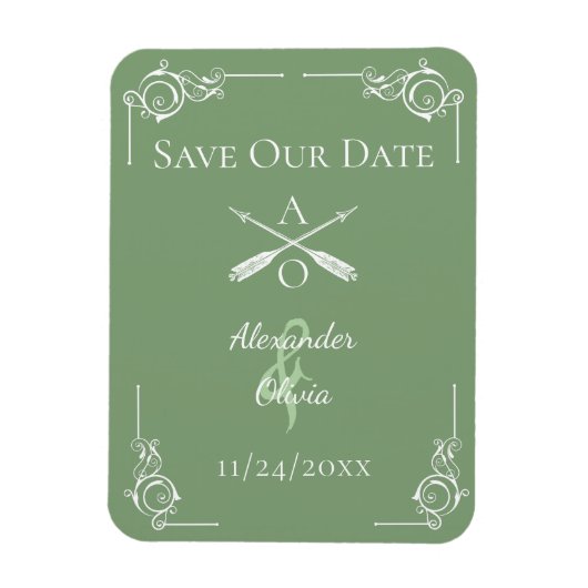 モスグリーンモノグラムと矢印の日付を保存 マグネット (縦)