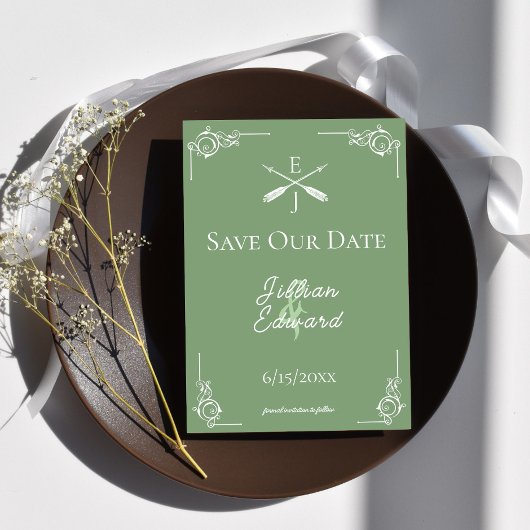 モスグリーンモノグラムと矢印の日付を保存 案内状