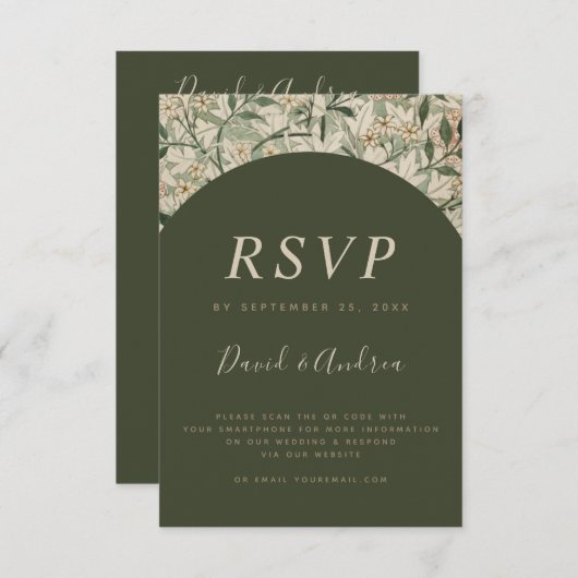 モスグリーンヴィンテージ植物園QrコードRSVP 出欠カード (正面/裏面)
