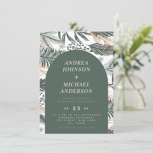 モスグリーン冬の森の針とアーチフラワー 招待状 (スタンド正面)