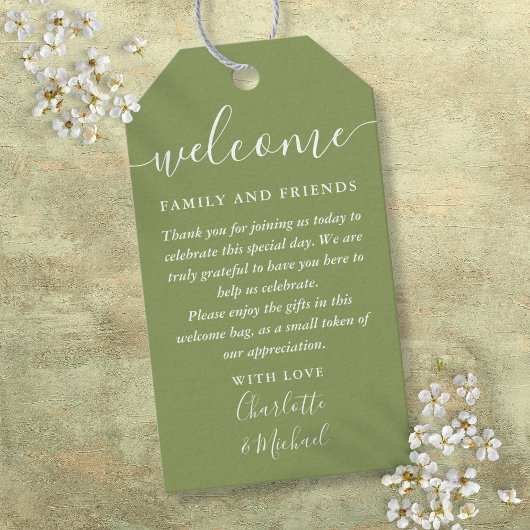 モスグリーン結婚式の引き出物ウェルカムバスケットバッグ ギフトタグ
