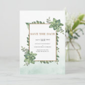 モスグリーン金ゴールド水色多肉質フレーム結婚ズ セーブザデート (スタンド正面)