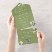 モスグリーン フローラル グリーネリー QR コード ウェディング オールインワン招待状 (貼ってはがせる)