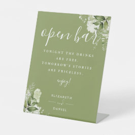 モスグリーン モダン エレガント グリーンフローラル オープンバー 台座サイン